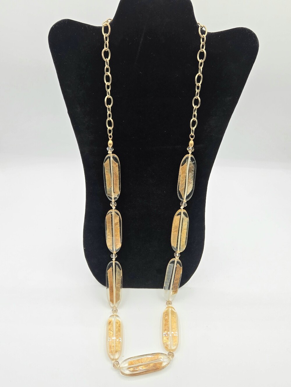 CHICO'S Vintage Long Statement Necklace Enamel Clear Gold Beads Gold Tone